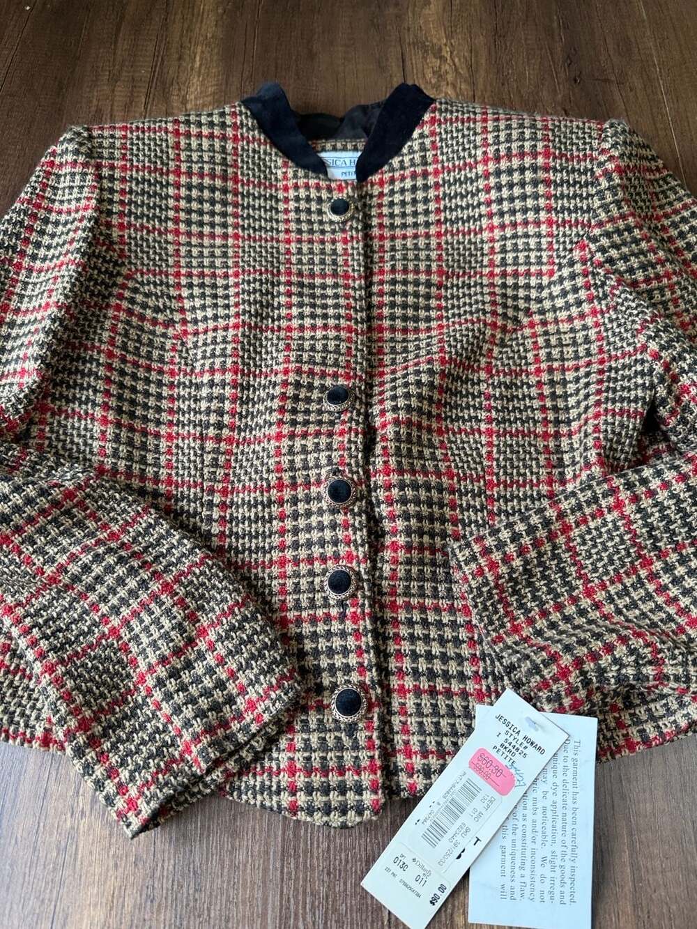 Jessica Howard Tweed Jacket Size 8 Petite Plaid Houndstooth Black Red